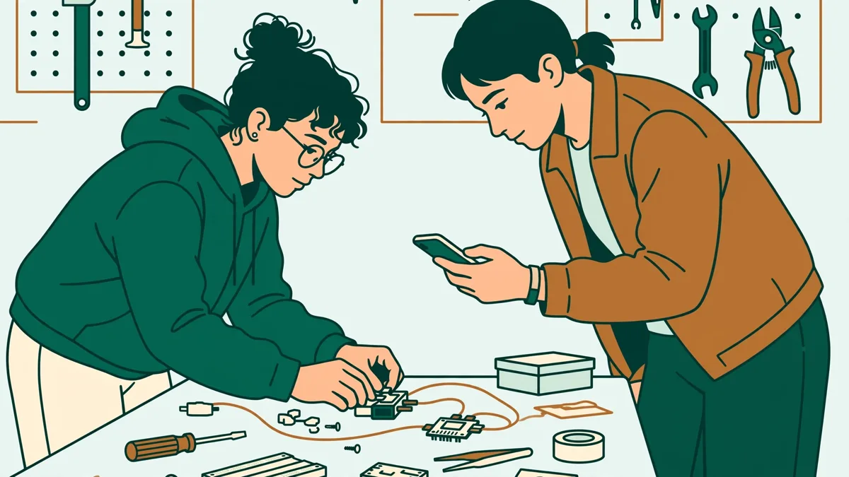 Deux étudiantes règlent un petit objet connecté posé sur un établi, l'une tient un téléphone affichant une interface, l'autre ajuste le capteur.