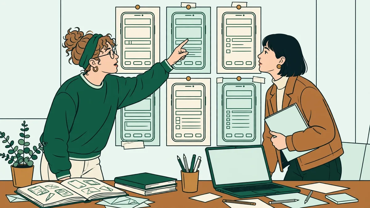 Deux étudiantes en design qui discutent devant des maquettes d'application affichées au mur, l'une pointant un écran, carnets et ordinateur sur la table.