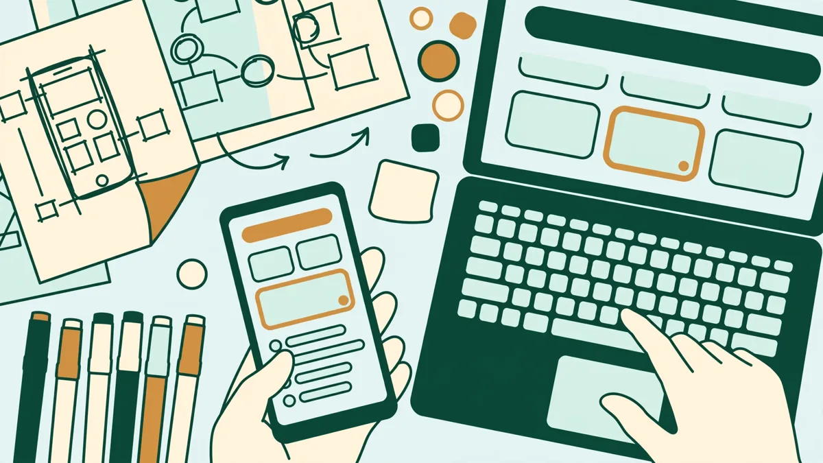 Gros plan sur les mains d'un étudiant qui teste un prototype d'interface sur ordinateur et téléphone, entouré de croquis.