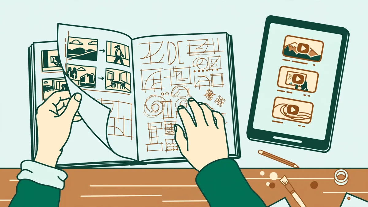 Gros plan sur les mains d'un étudiant qui feuillette un carnet ouvert plein de croquis, storyboards et notes, avec des extraits vidéo sur tablette à côté.