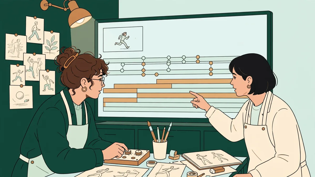 Deux étudiantes devant un grand écran qui montre une timeline d'animation, l'une règle le mouvement d'un titre pendant que l'autre prend des notes.