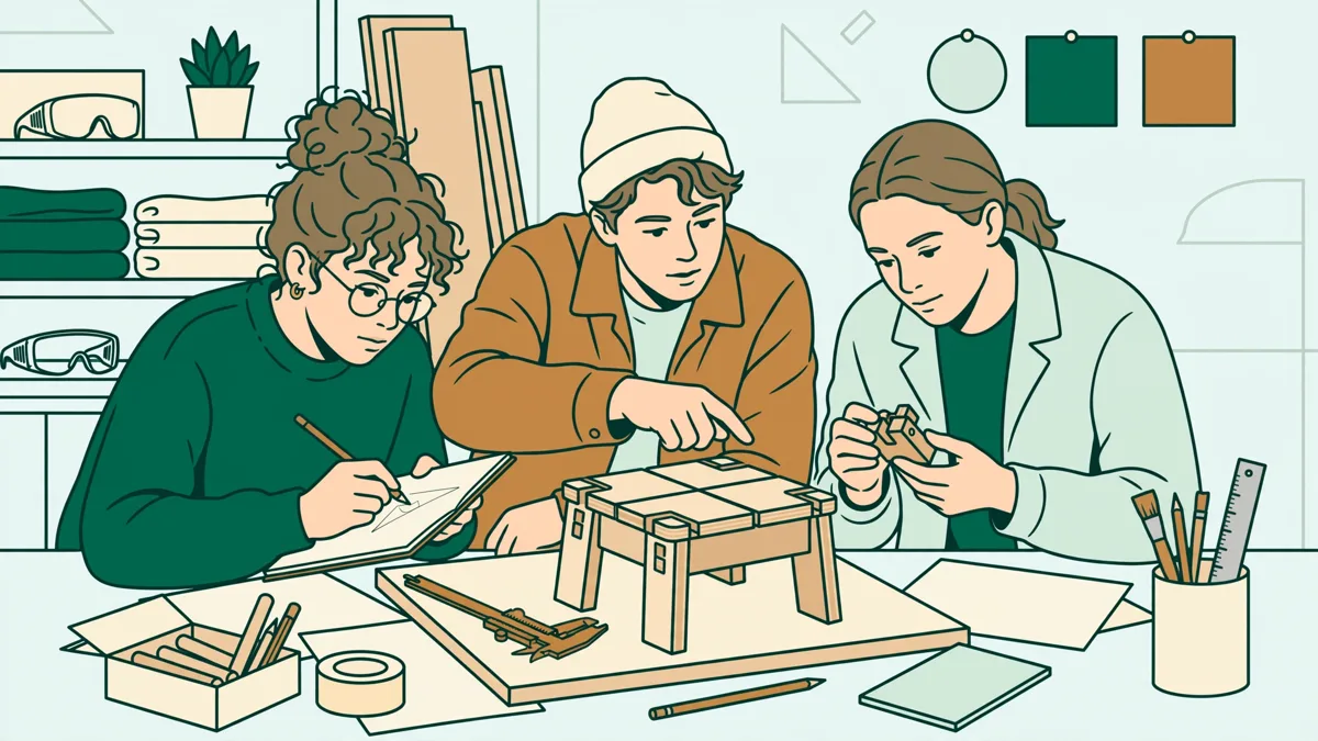 Trois étudiants en atelier autour d'un établi testent un prototype de petit meuble en bois démontable