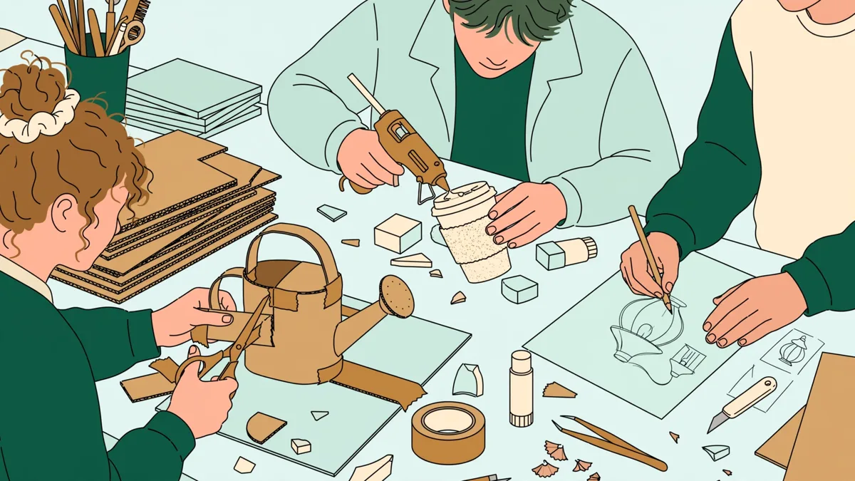 Trois étudiants autour d'une grande table d'atelier fabriquent des maquettes en carton et en mousse d'objets du quotidien, l'une dessine à main levée.