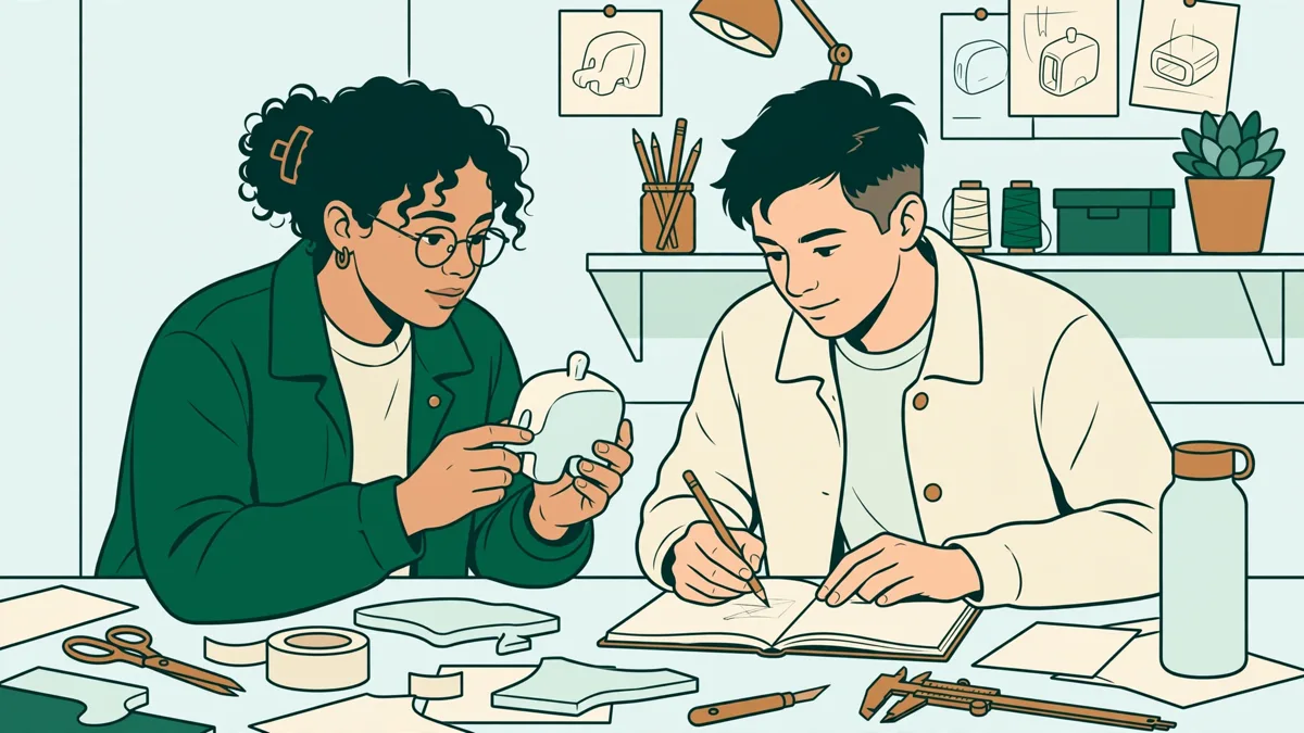 Deux étudiants en design testent un prototype en mousse d'un petit objet connecté sur un établi, l'un le manipule pendant que l'autre note des observations dans un carnet.