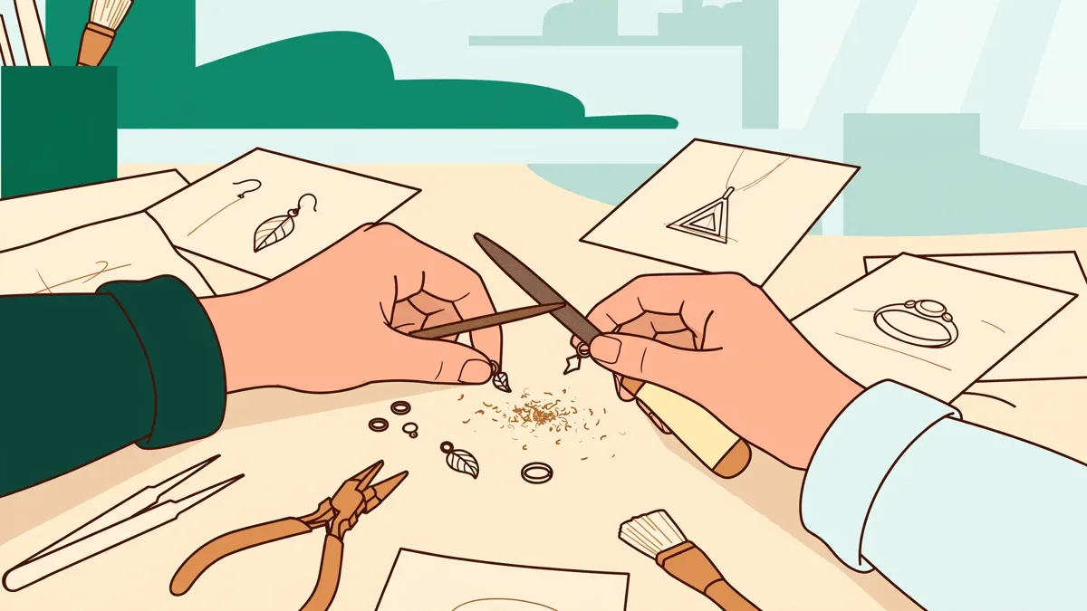 Deux étudiantes en train de limer et d'ajuster de petites pièces de bijouterie à un établi d'atelier, outils et croquis autour d'elles