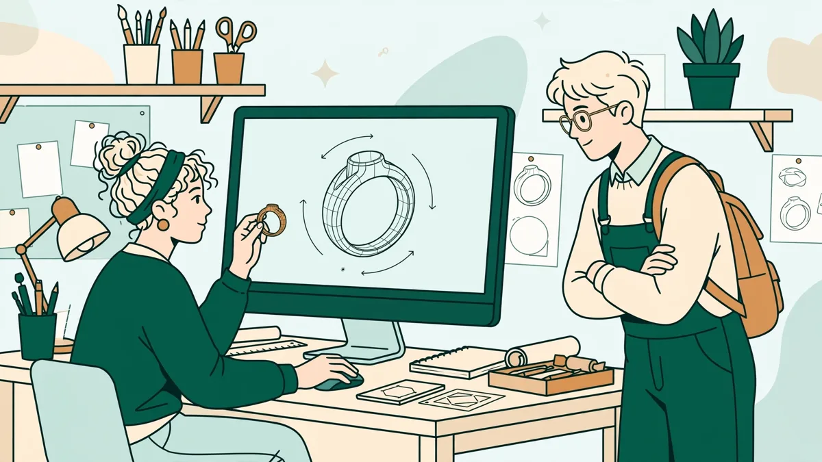 Une étudiante qui fait pivoter un modèle de bague en 3D sur un grand écran, un prototype en cire à la main