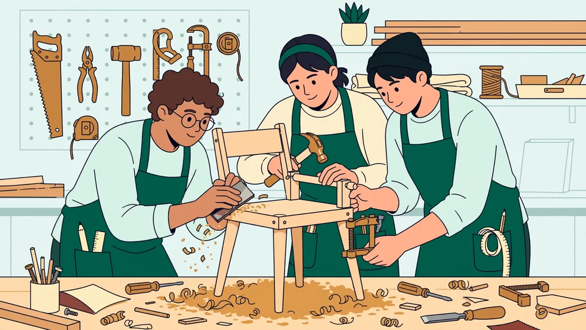 Trois étudiants en tabliers qui poncent et assemblent un prototype de petite chaise en bois dans un atelier lumineux, copeaux et outils autour.