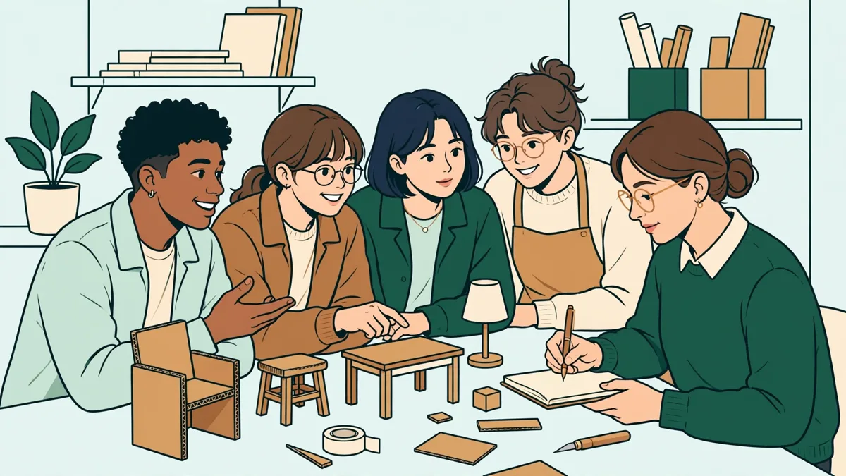 Quatre étudiants autour d'une grande table qui présentent des maquettes de meubles en carton et bois à une enseignante qui annote un carnet.