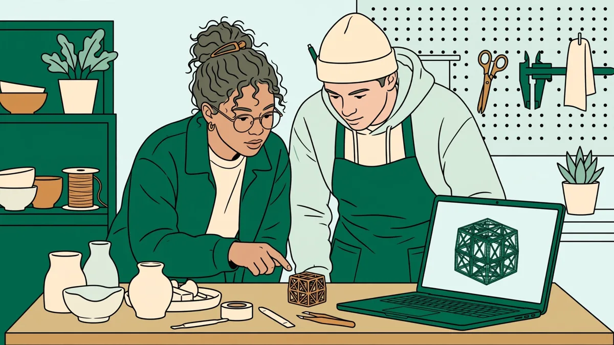 Illustration dessinée : deux étudiants comparent un petit prototype imprimé en 3D et un modèle affiché sur un ordinateur portable, pièces en céramique sur l'établi.