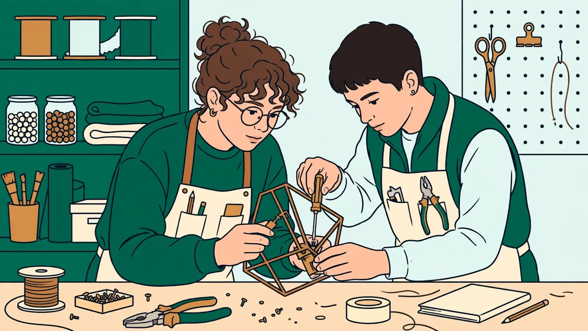 Illustration dessinée : deux étudiantes en atelier assemblent un petit prototype de luminaire, l'une tient la structure pendant que l'autre ajuste un élément, étagères de matériaux derrière elles.