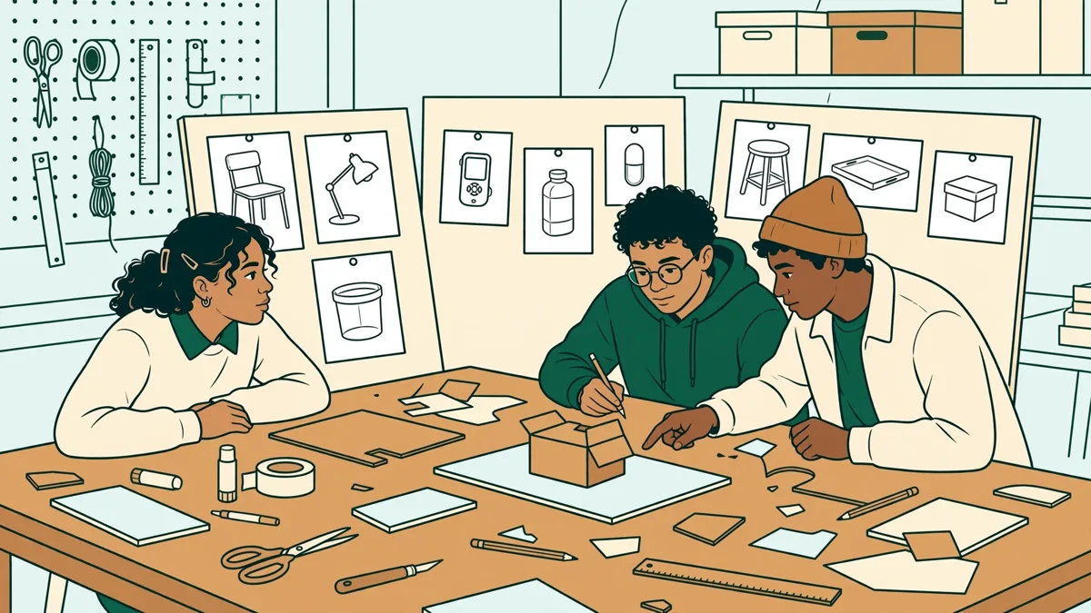 Illustration dessinée : trois étudiants autour d'une grande table d'atelier comparent des croquis d'objet et une maquette en carton, outils et chutes de matériaux posés devant eux.