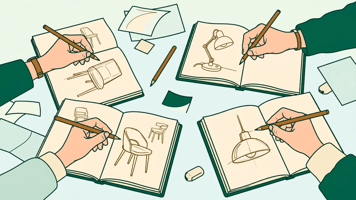 Étudiants en design produit en train de dessiner des croquis d'objets et de comparer leurs idées autour d'une grande table d'atelier