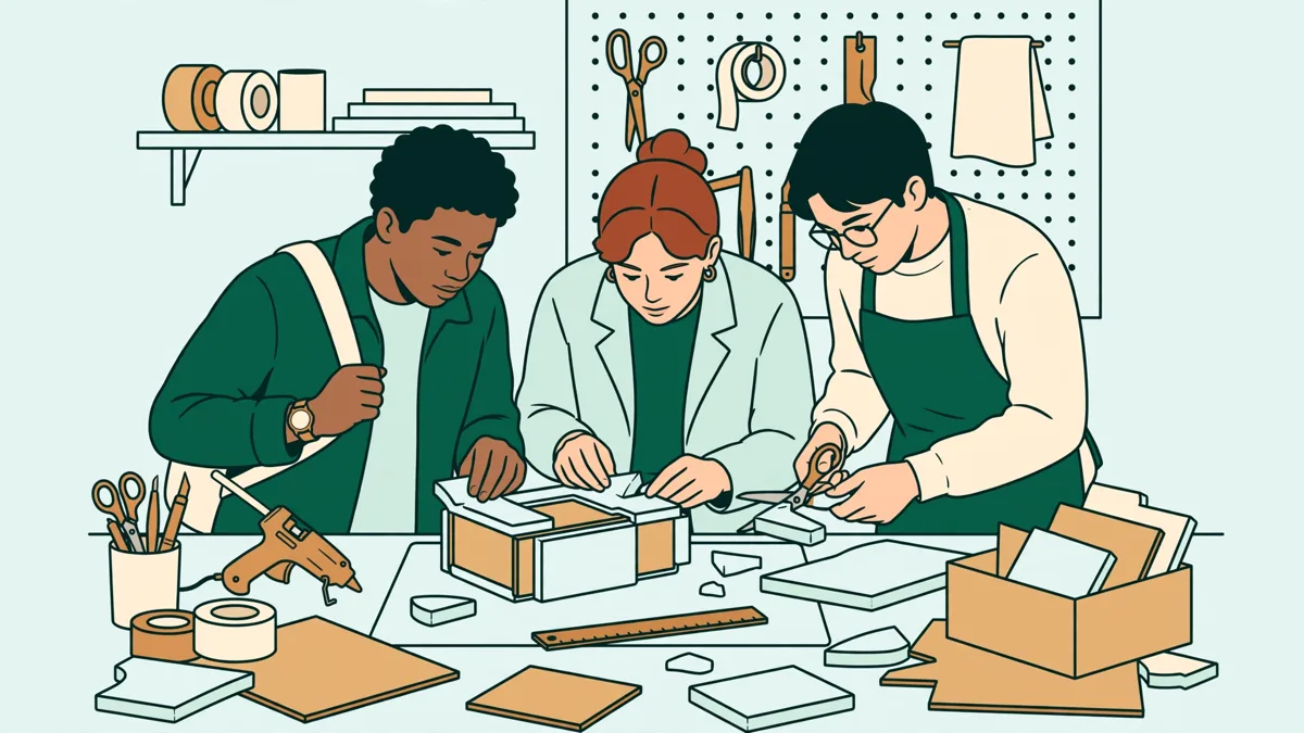 Apprentis designers en train d'assembler un prototype de petit objet en mousse et carton sur un établi d'atelier
