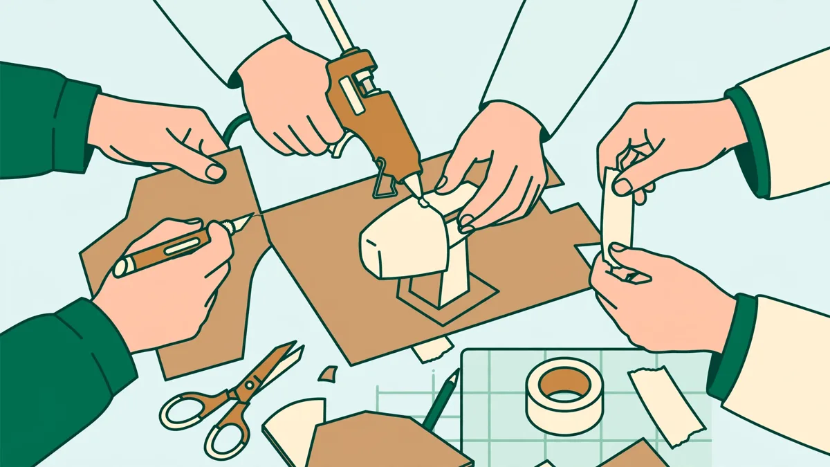 Trois étudiants en atelier assemblant une maquette en carton et mousse d'un petit objet, plans et outils posés sur l'établi.