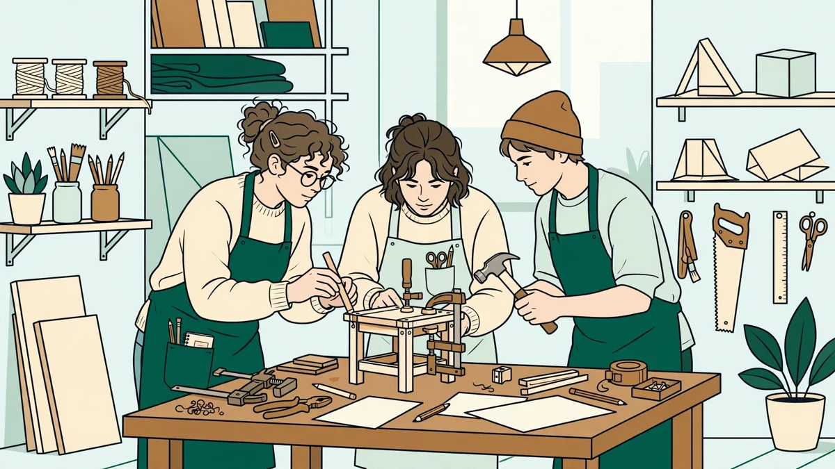 Trois étudiants en atelier autour d'un établi qui assemblent ensemble la maquette d'un petit meuble en bois