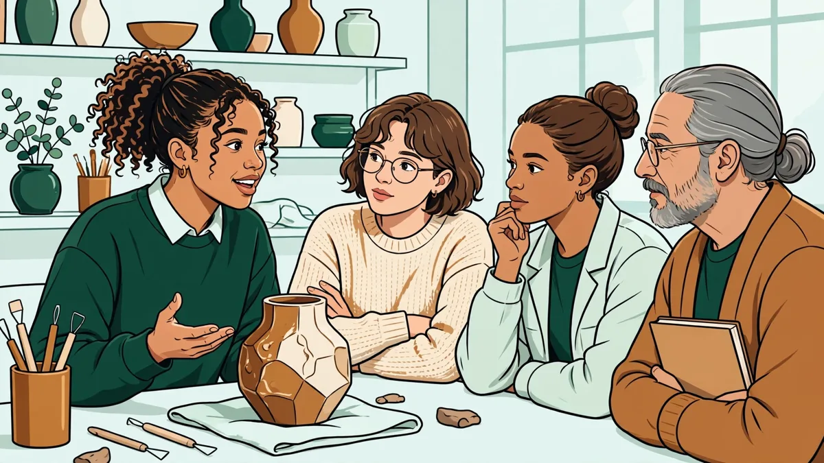 Une étudiante qui présente son prototype en céramique à son groupe et à son enseignant dans l'atelier