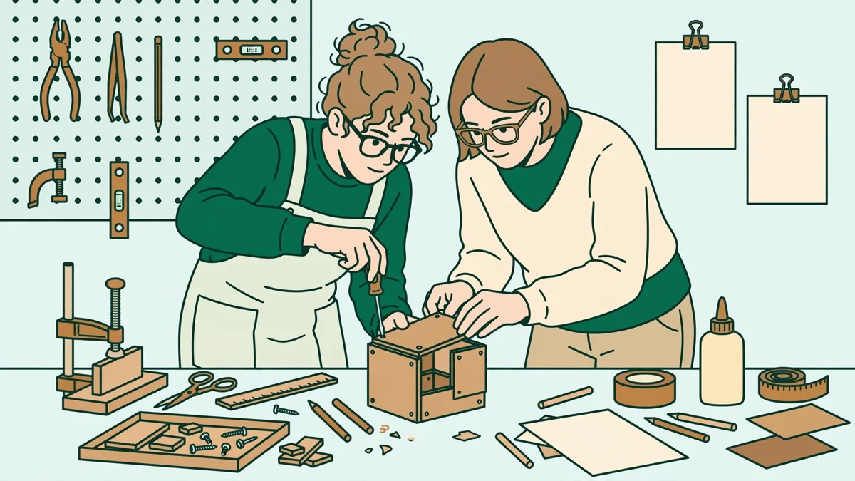 Deux étudiantes en atelier en train d'assembler un prototype d'objet en bois clair, copeaux et outils autour d'elles.