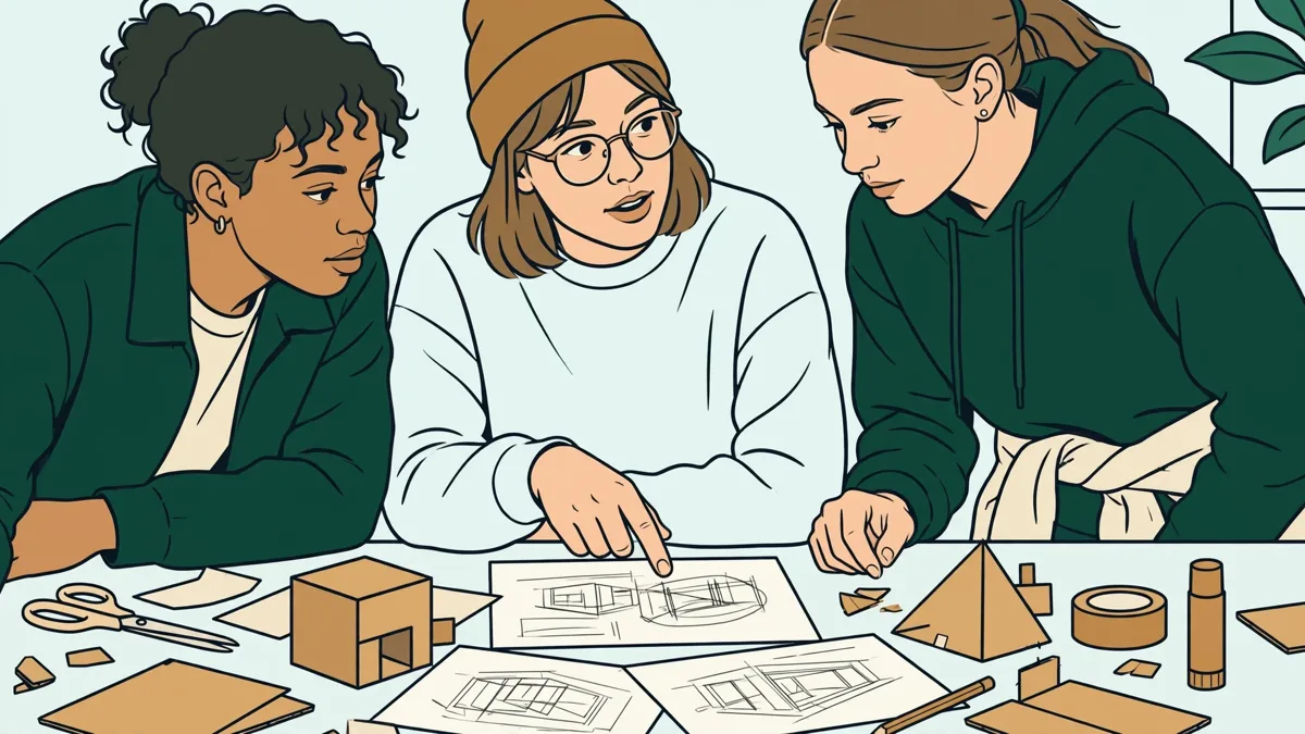 Trois étudiants debout autour d'une table couverte de croquis et de petites maquettes, l'un montrant un dessin pendant que les autres écoutent.