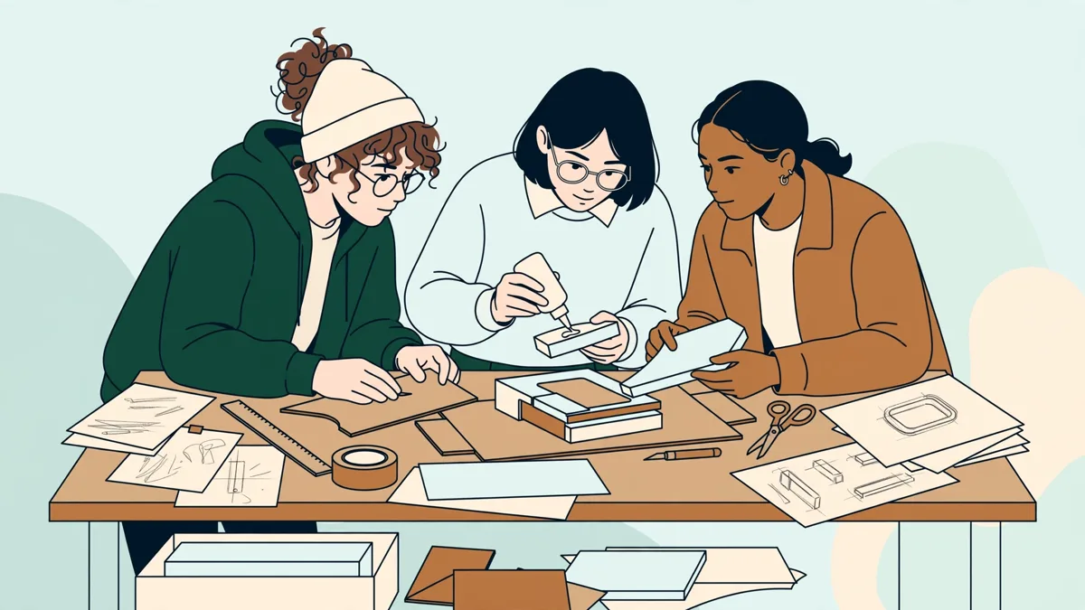 Trois étudiants en atelier autour d'un établi, en train d'assembler une maquette d'objet en carton et mousse, plans et croquis posés à côté.
