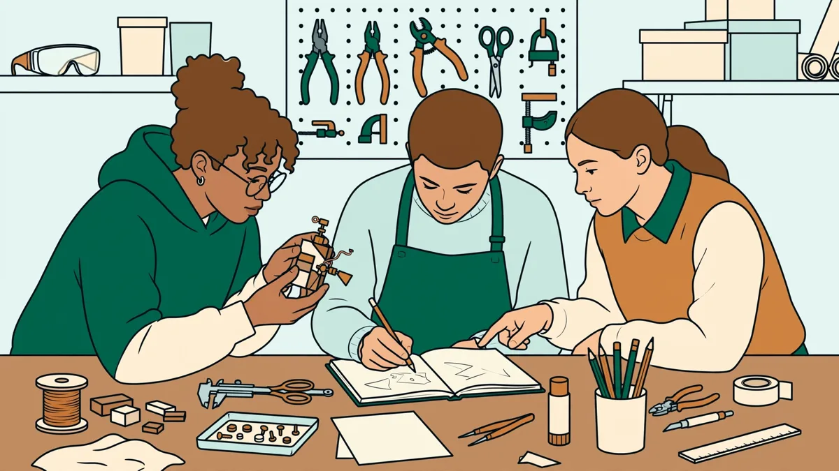 Trois étudiants en atelier autour d'un établi testent ensemble un prototype d'objet en bois et plastique