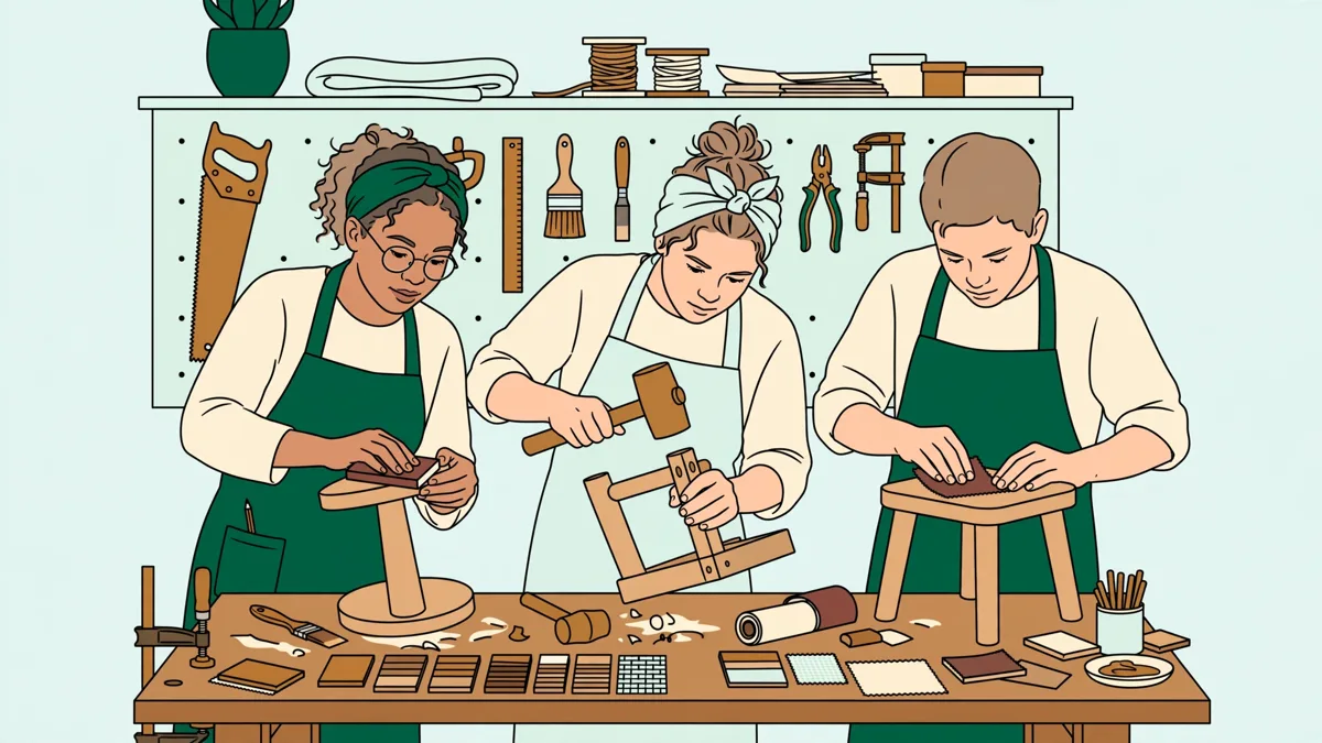 Trois étudiants en atelier autour d'un établi, en train de poncer et d'assembler des petits tabourets en bois, avec outils et échantillons de matériaux.