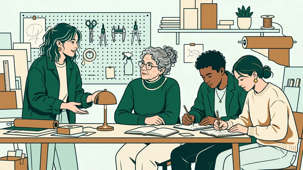 Une étudiante présentant un prototype de luminaire devant deux camarades et un enseignant qui prennent des notes autour d'une table d'atelier.