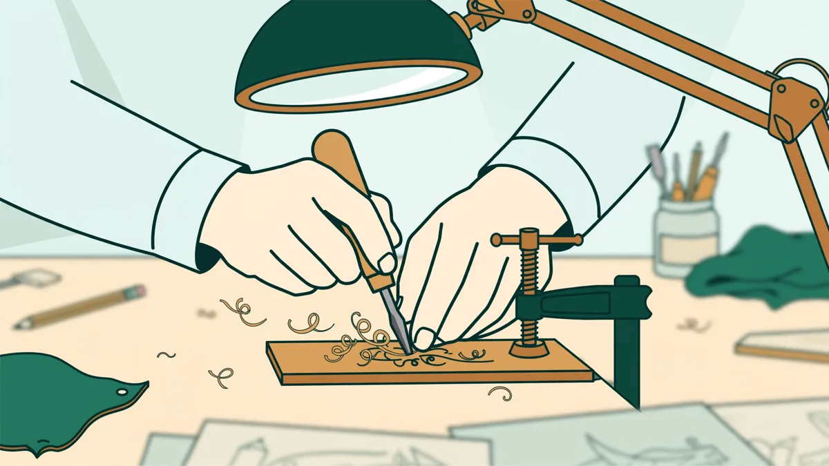 Gros plan dessiné sur des mains d'étudiante qui poussent un burin dans une plaque de métal fixée à l'établi, copeaux fins et loupe.
