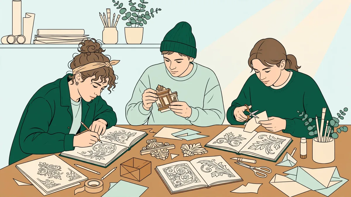 Illustration dessinée d'étudiants autour d'une table d'atelier penchés sur carnets de motifs et petites maquettes d'objets.