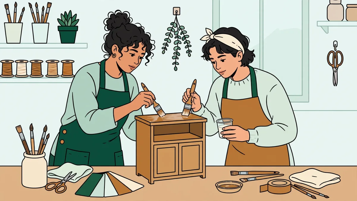 Deux étudiantes en atelier appliquant un vernis sur un petit meuble en bois, pinceaux et échantillons de teintes autour d'elles