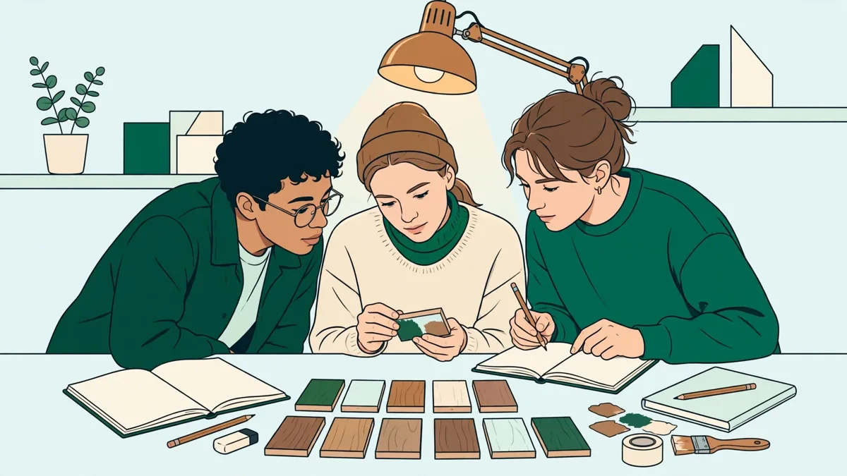 Trois étudiants comparant des panneaux d'essais de couleurs et vernis, carnets ouverts, sous une lampe d'atelier