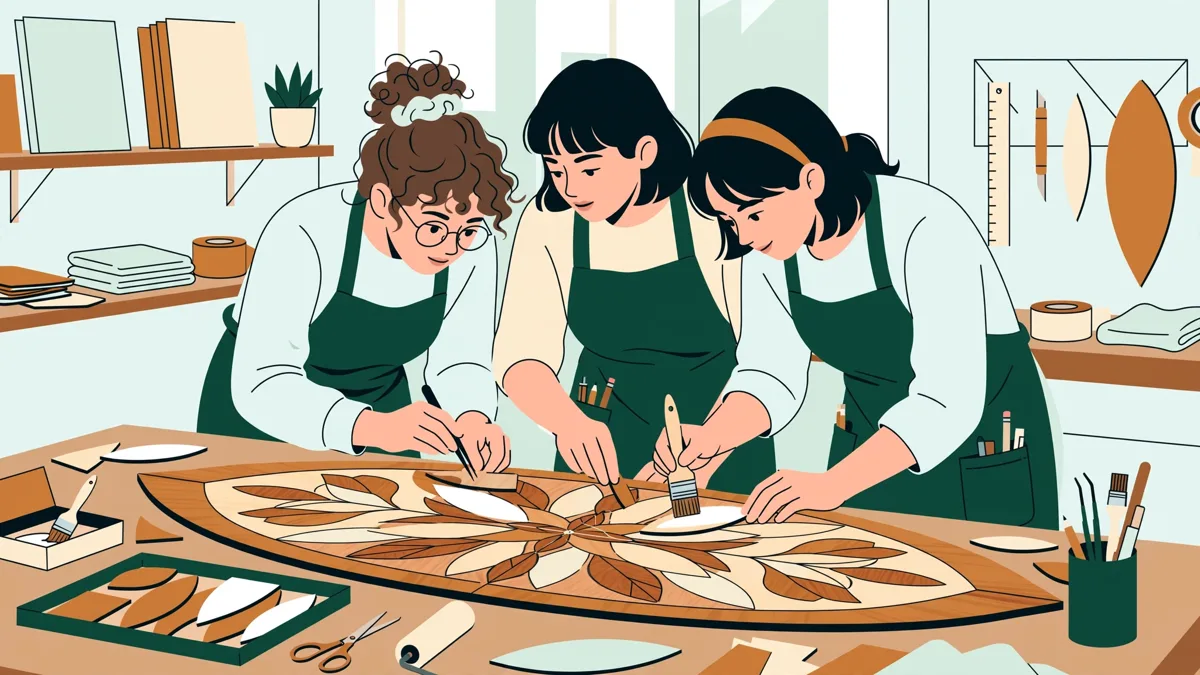 Trois étudiants en tablier assemblent un décor en placage sur un établi d'atelier lumineux, sous le regard d'une enseignante