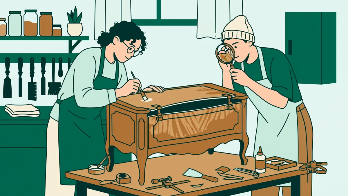 Deux étudiantes en tablier restaurent une commode ancienne à l'établi, l'une consolide un placage, l'autre observe à la loupe.