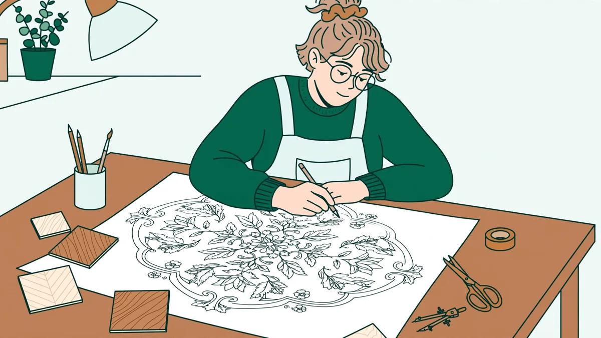 Un étudiant dessine au crayon un motif de marqueterie florale sur une grande feuille, entouré d'échantillons de bois.