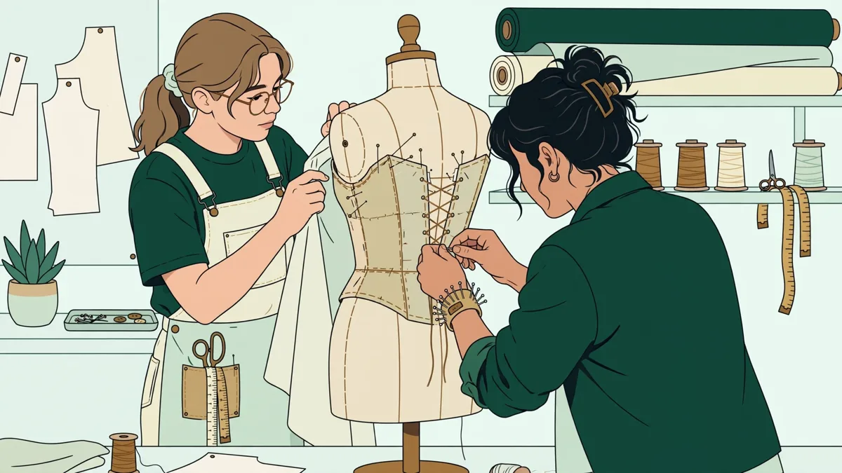 Deux étudiantes en atelier ajustent un corsage toilé sur un mannequin, l'une épingle le dos, l'autre vérifie le tombé du tissu.