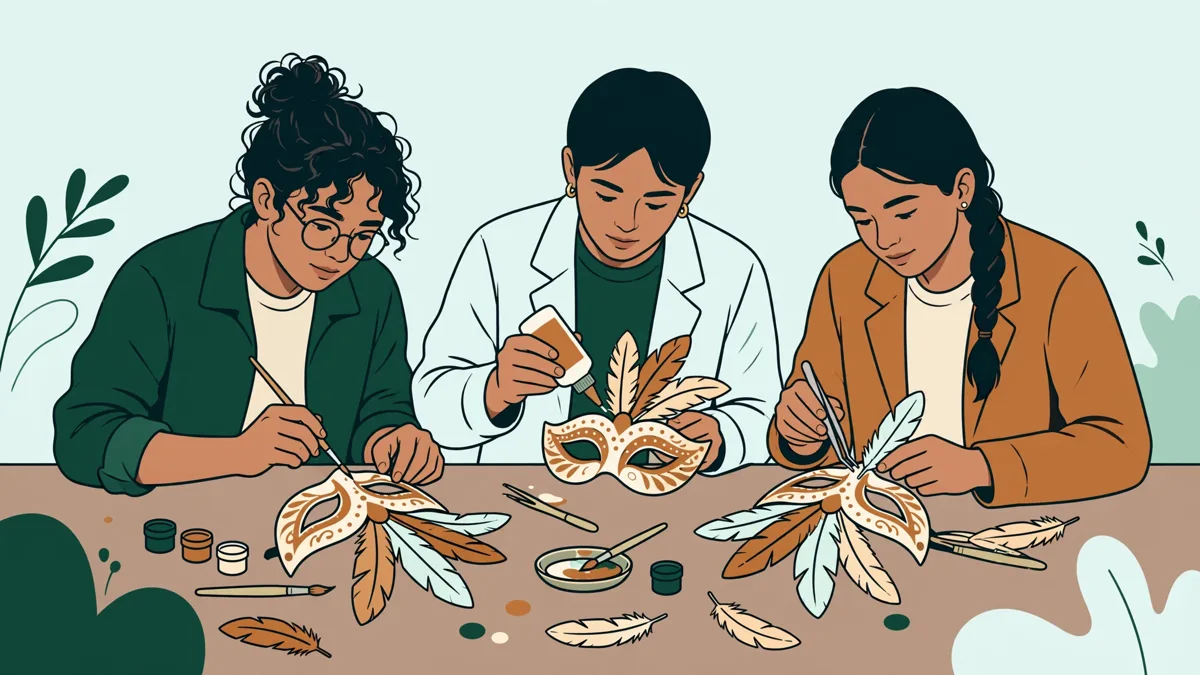 Trois étudiants autour d'une table décorent des masques de bal avec plumes, peinture et colle.