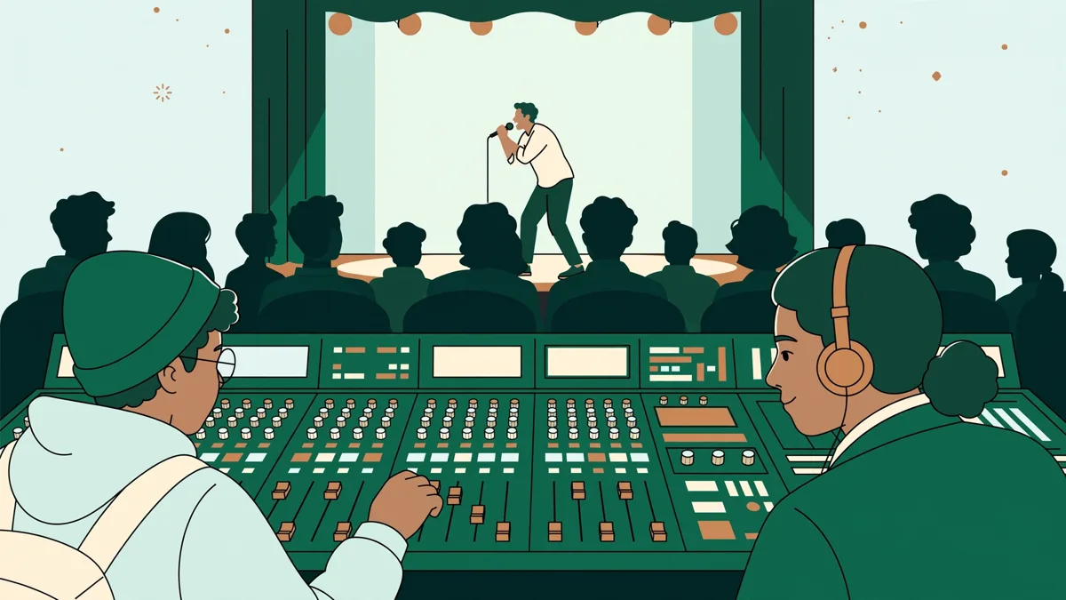 Deux étudiants derrière une console de mixage dans un théâtre sombre pendant qu'une chanteuse joue sur la scène éclairée