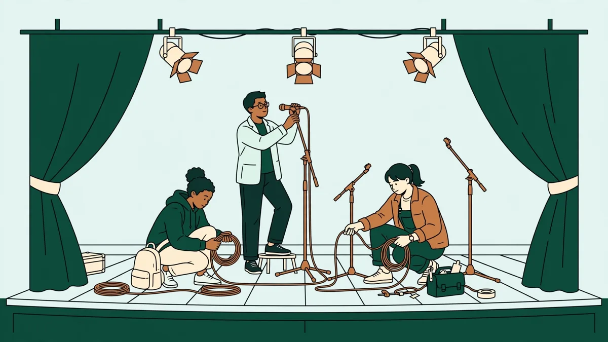Trois étudiants sur un plateau de théâtre qui installent des micros sur pied et enroulent des câbles