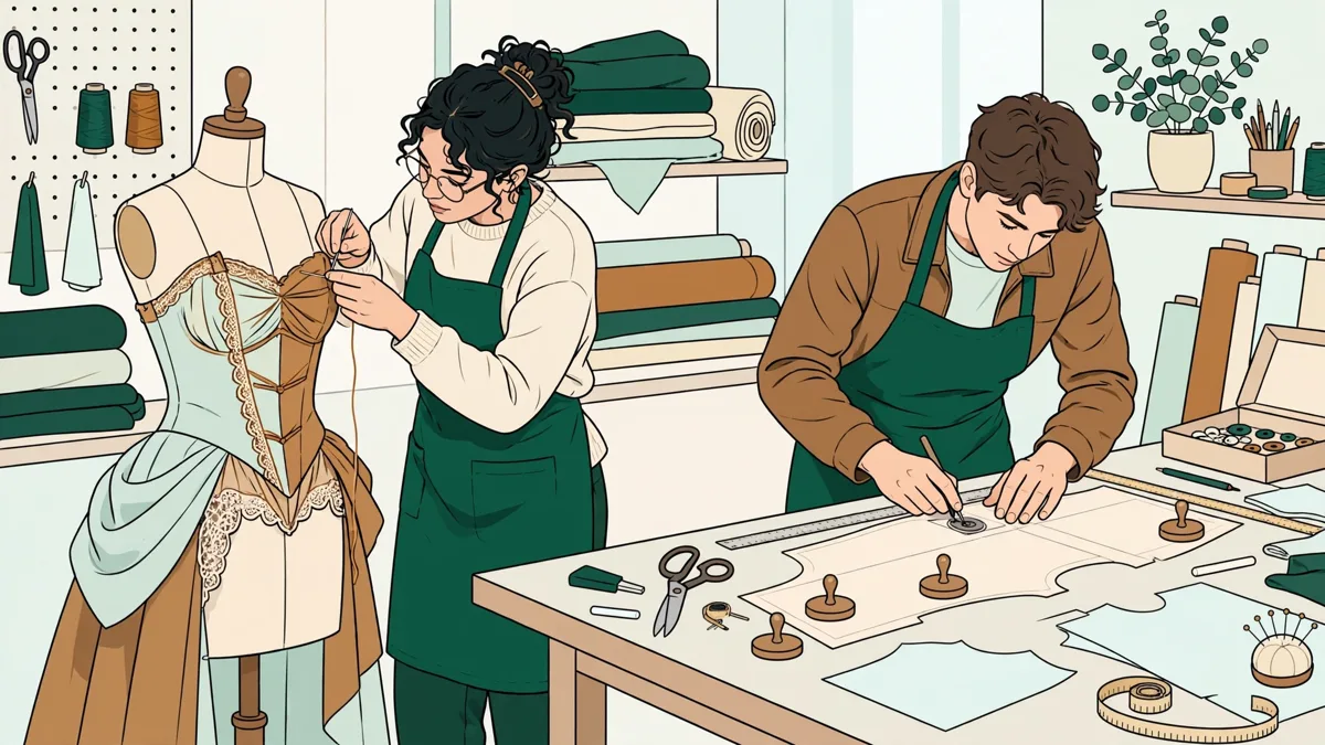 Deux étudiantes en atelier costume autour d'un mannequin, l'une coud un corsage de scène, l'autre trace un patron sur une grande table.