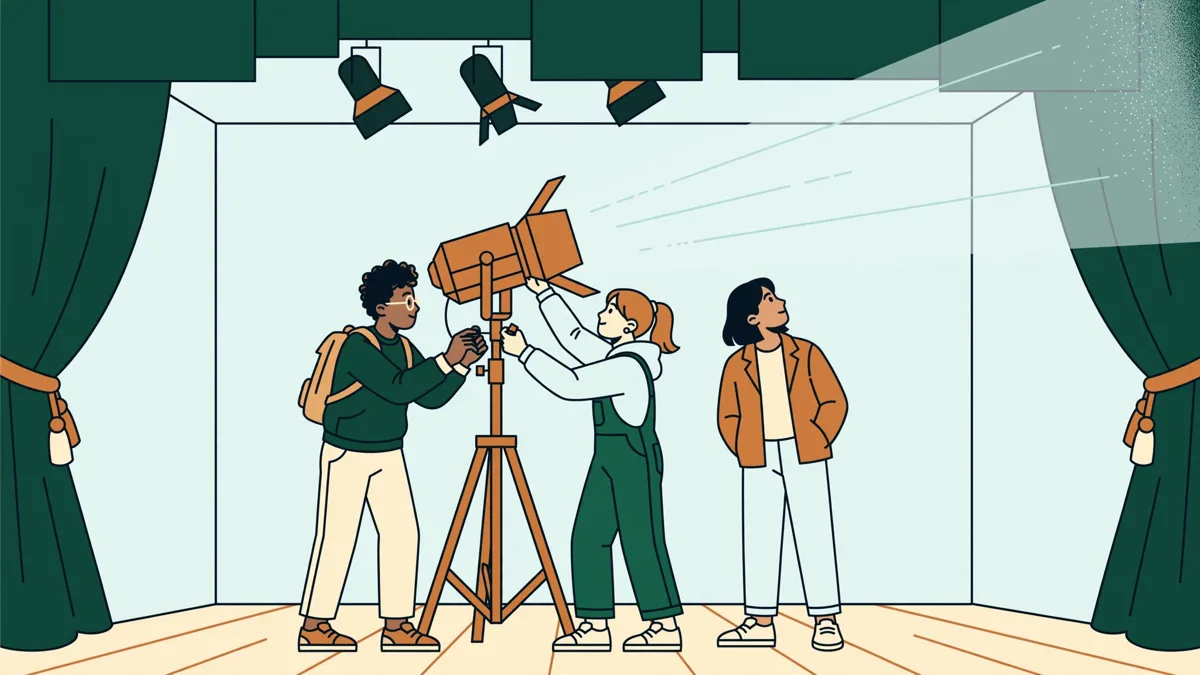 Trois étudiants sur un plateau qui orientent un projecteur sur perche pendant qu'un camarade vérifie l'effet depuis la salle.
