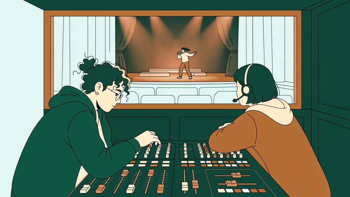 Deux étudiants en régie son devant une console dans une salle de spectacle obscure, l'un aux faders pendant qu'un artiste répète sur le plateau éclairé.