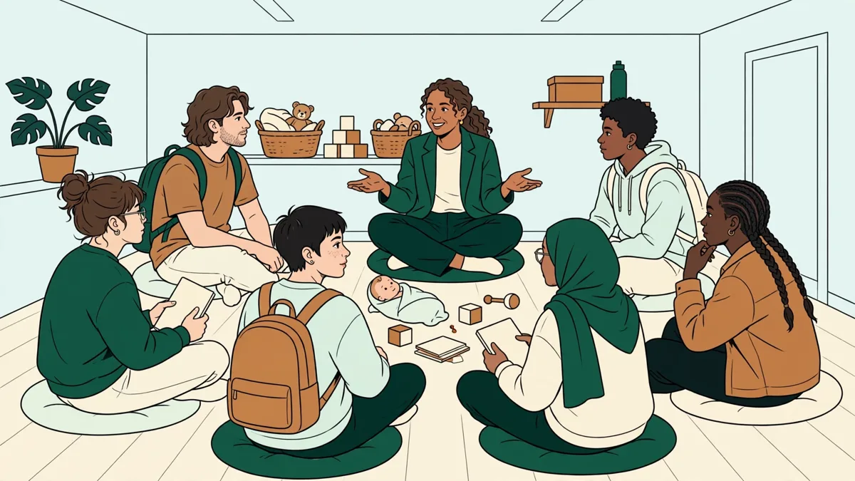 Six étudiants en cercle analysent une situation de stage avec une formatrice dans une salle de formation.