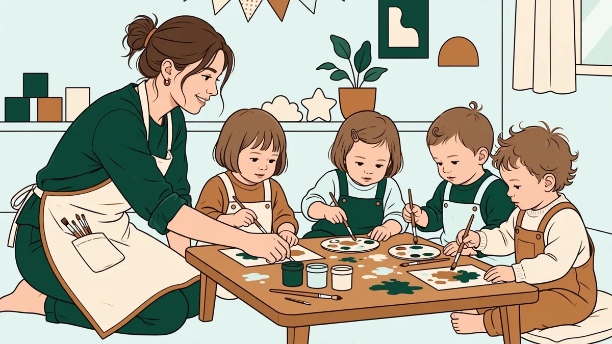 Une apprentie accroupie anime un atelier peinture avec quatre tout-petits autour d'une petite table en crèche.