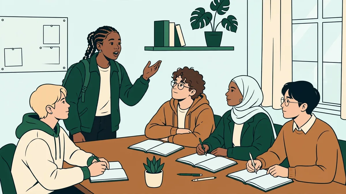 Petit séminaire d'étudiants internationaux qui débattent autour d'une table, notes et ordinateur ouverts