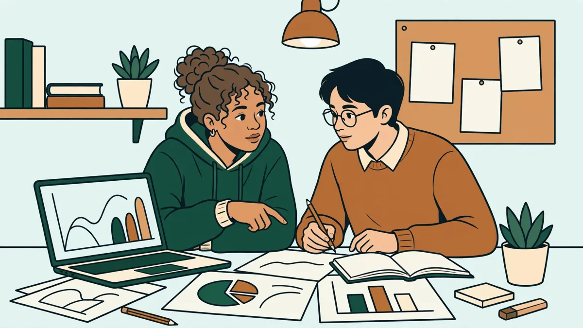 Deux étudiants penchés sur un ordinateur et des notes avec des graphiques économiques, en discussion concentrée.