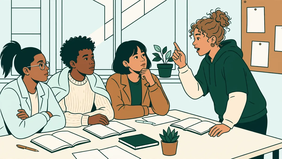 Petit groupe d'étudiants en débat autour d'une table, l'un debout pour défendre son argument, carnets ouverts.