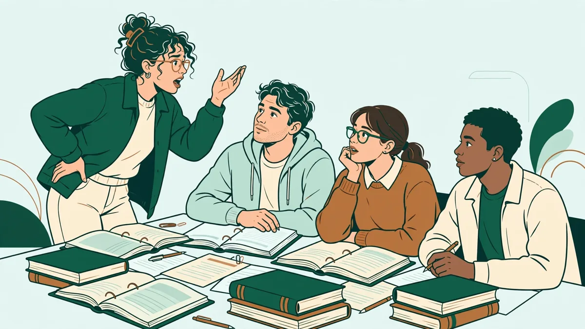 Petit groupe d'étudiants en train de débattre autour d'une table, l'une debout qui argumente, les autres avec des classeurs et des codes juridiques ouverts devant eux