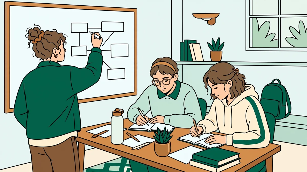 Trois étudiants en train de préparer un exposé dans une petite salle de travail, l'un au tableau avec un plan, les deux autres prenant des notes autour d'une table