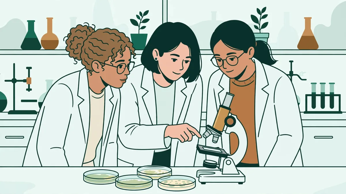 Trois étudiants en blouse observant des boîtes de Petri et une lame au microscope en TP de biologie.