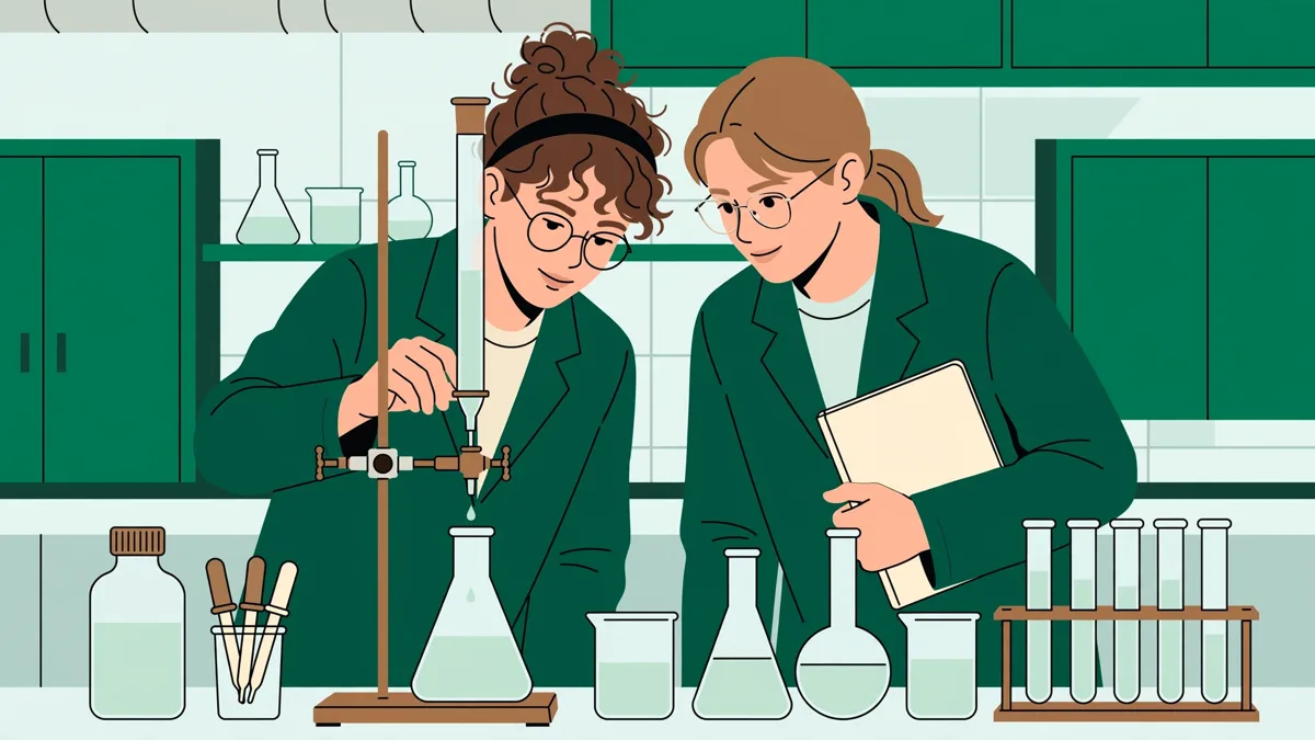 Deux étudiants en blouse réalisant un titrage en TP de chimie, fioles et burette sur la paillasse.