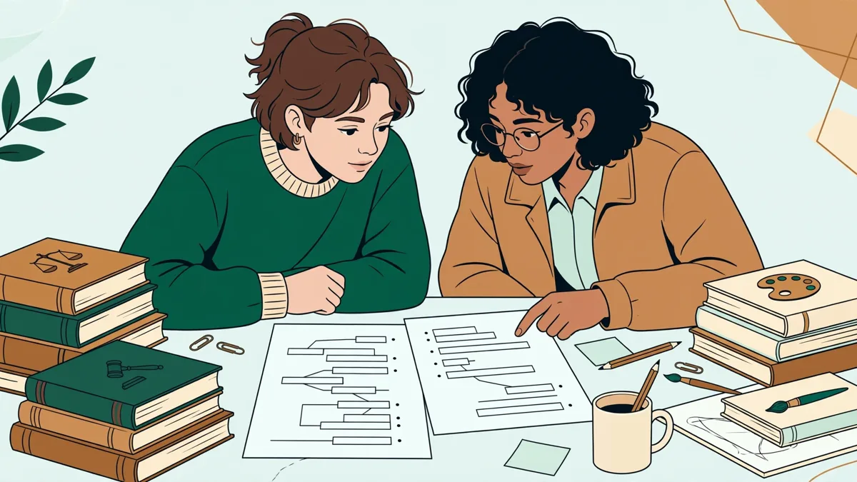 Deux étudiants qui comparent leurs plans de dissertation autour d'une table de bibliothèque chargée de livres de droit et d'art